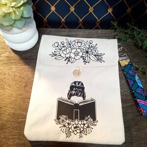 100% Cotton Tablet/Book Sleeve – Girl Reading & Floral Design | Tan | Literary Q